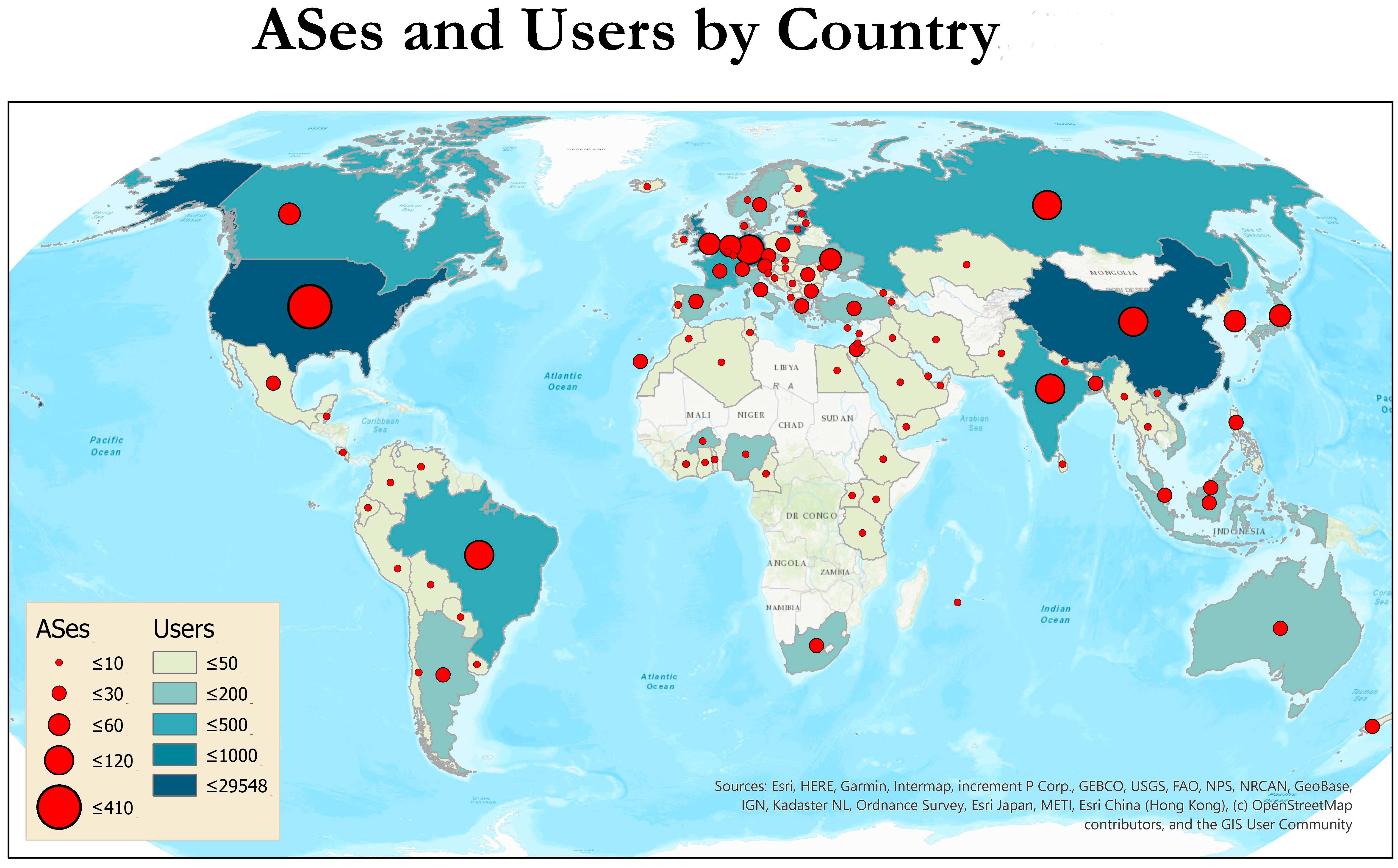 Unique users downloading CAIDA data and corresponding ASes aggregated by country.