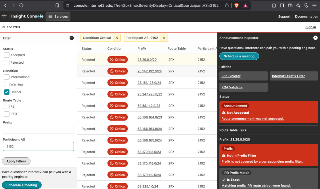 Figure 4: Snapshot of Internet2 routing knowledge dashboard into which we will integrate new monitoring innovations.