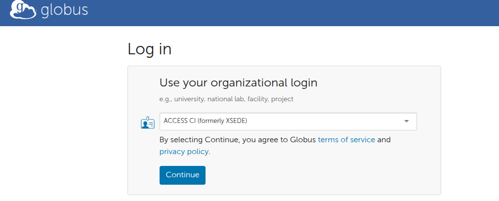 Globus login page with ACCESS CI selected as the organization