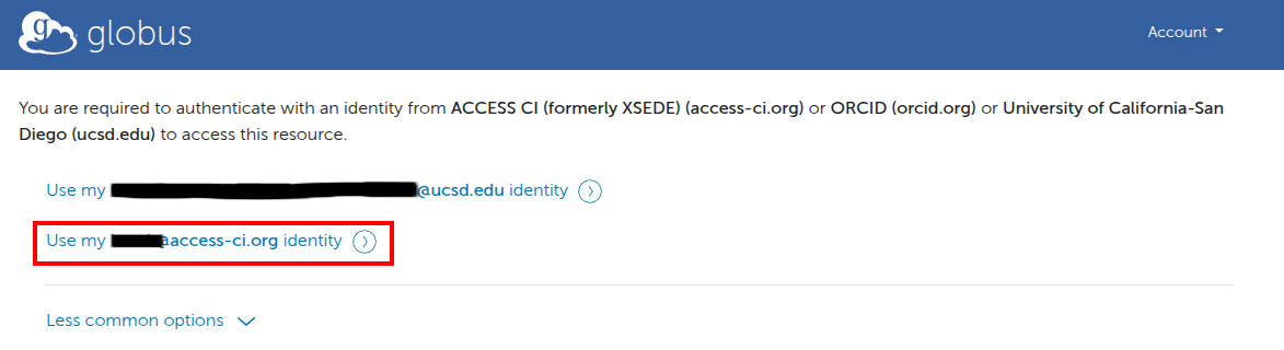 Globus identity selection screen, with the access-ci.org identity highlighted