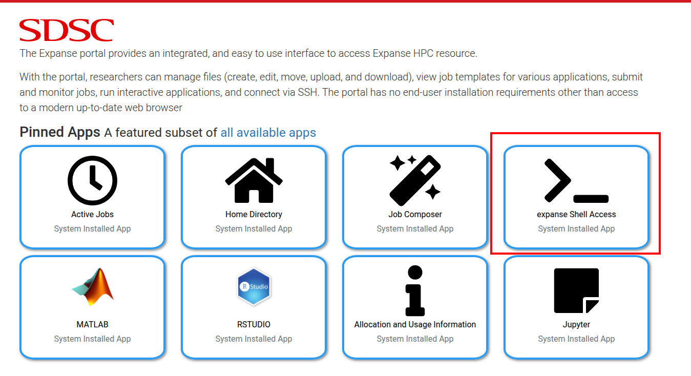 Expanse User Portal pinned apps, with expanse Shell Access highlighted